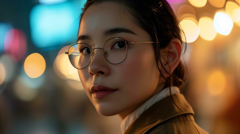 Young woman with glasses facing camera, night city lights bokeh Free Photo