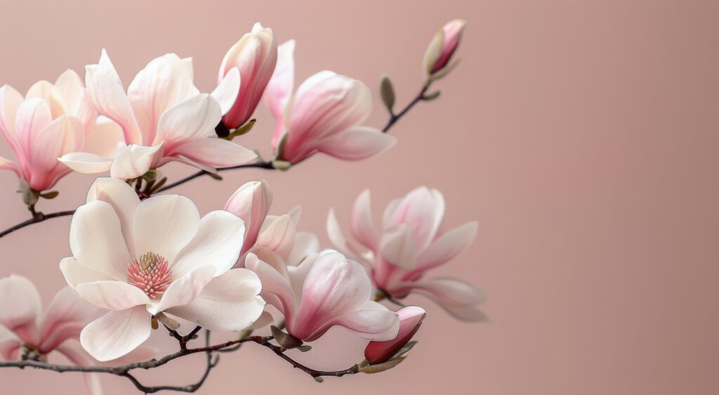 Close Up of Delicate Pink Magnolia Blossoms on a Branch Against a Light Pink Background Stock Free