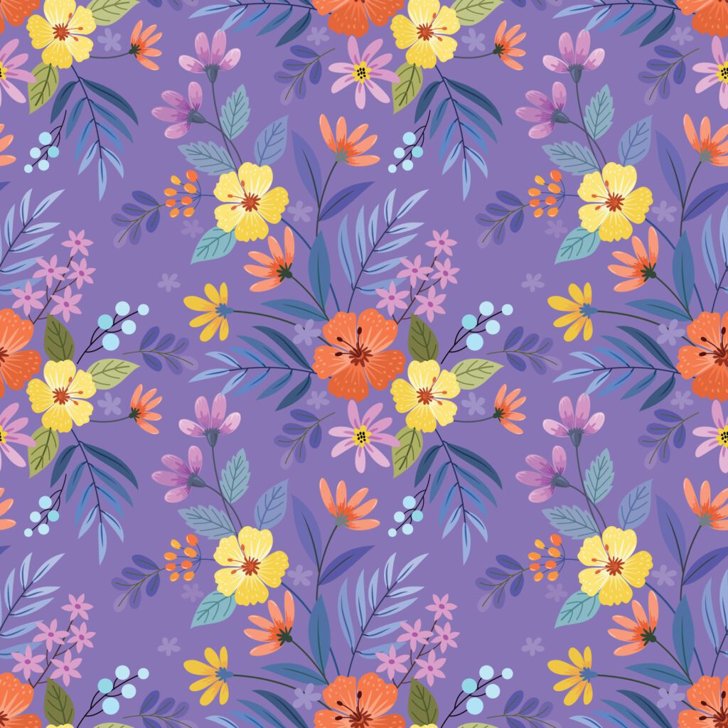 Beautiful blooming flowers on purple color background seamless pattern. Free Vector