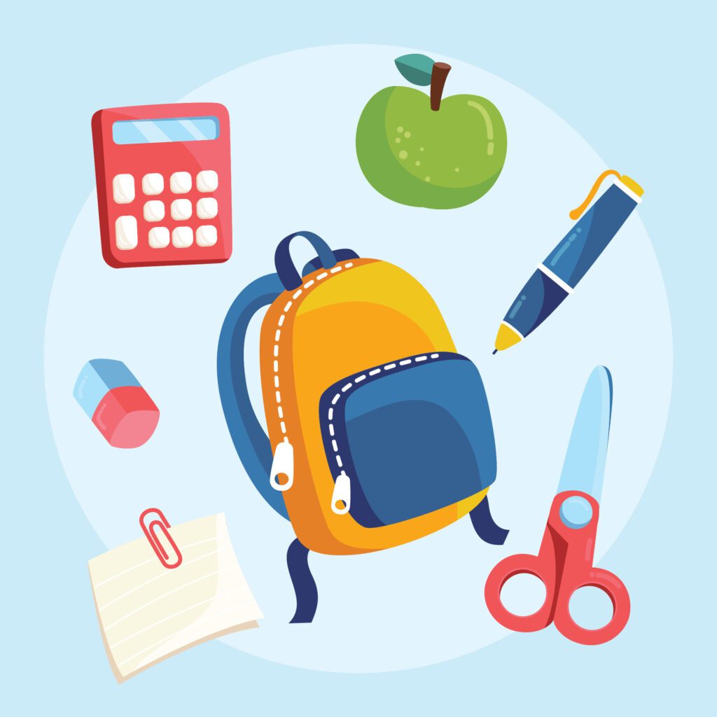 school supplies and back pack on blue background Free Vector