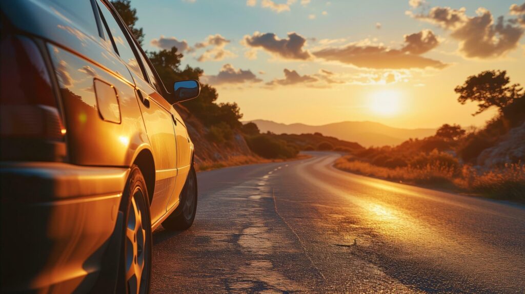 A car driving on a road at sunset. Generative AI Free Photo