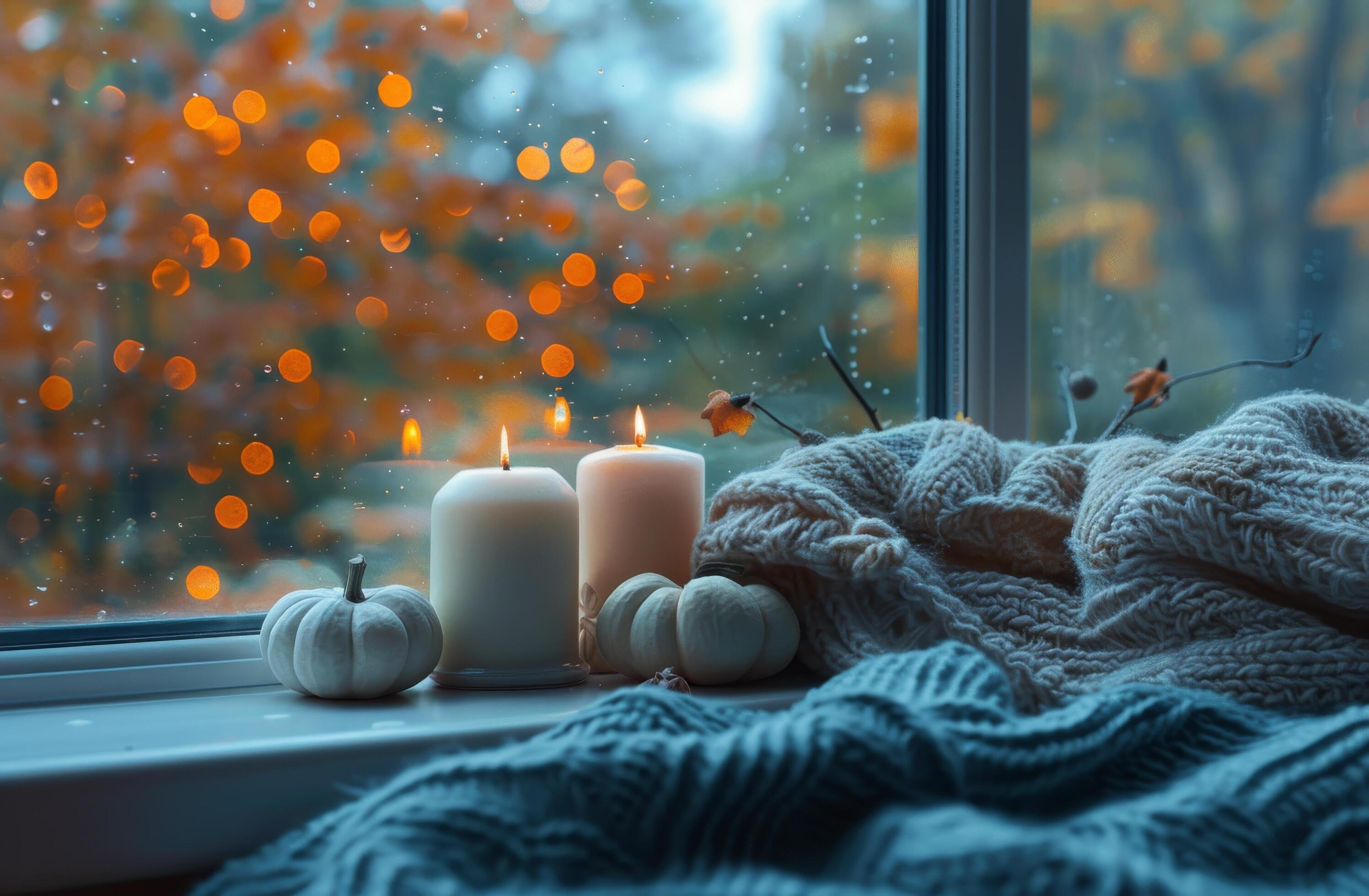 Cozy Autumn Window Seat With Candles and Pumpkin Stock Free