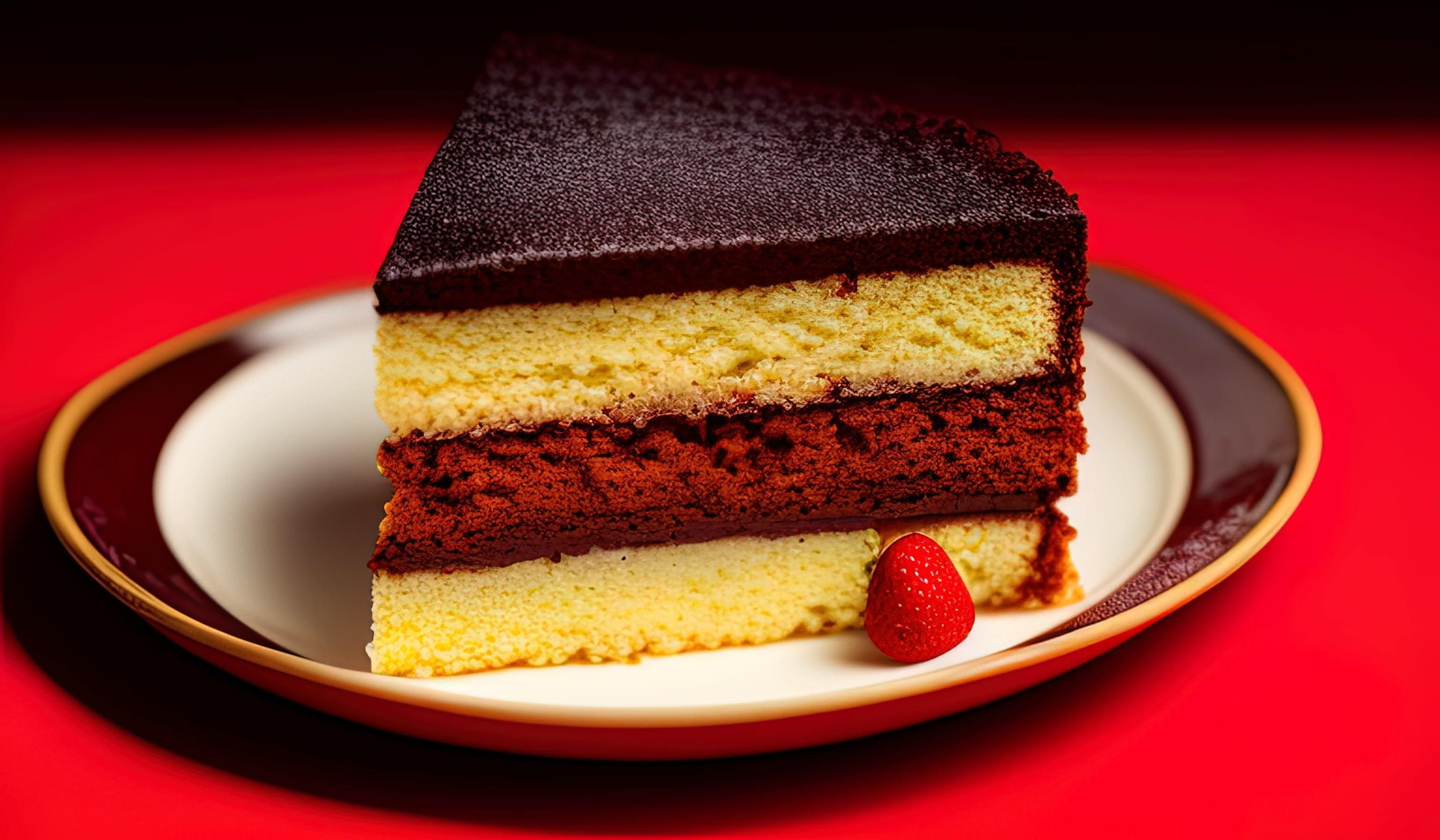 professional food photography of a piece of cake sitting on top of a red plate Stock Free