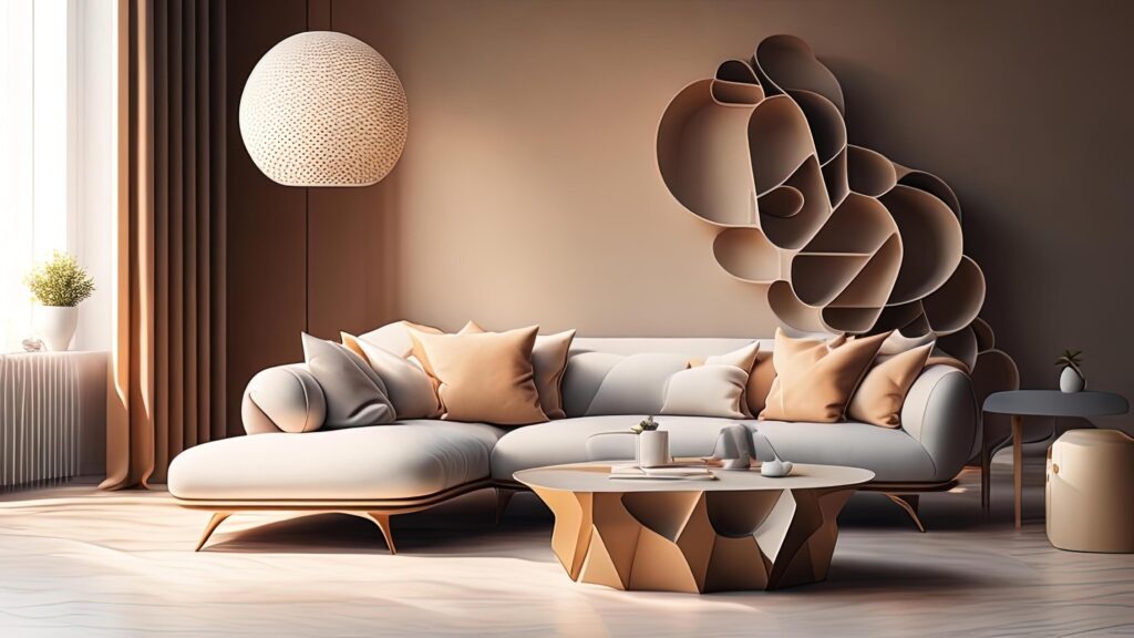 Modern living room interior with brown sofa, coffee table and coffee table. Stock Free