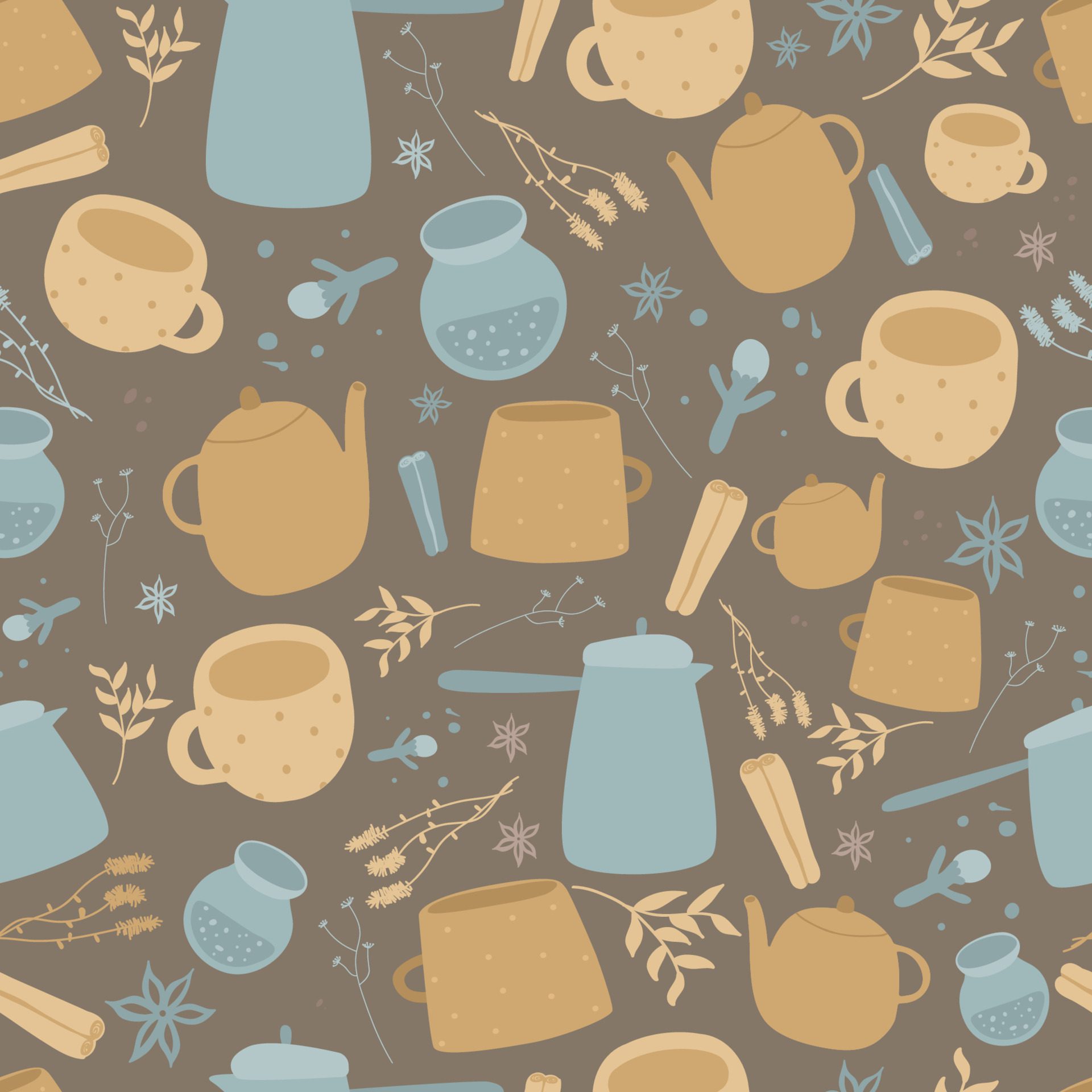 cute Seamless pattern with teacups, teapots. Coffee seamless pattern of coffee cups, makers for cafeteria design Free Vector