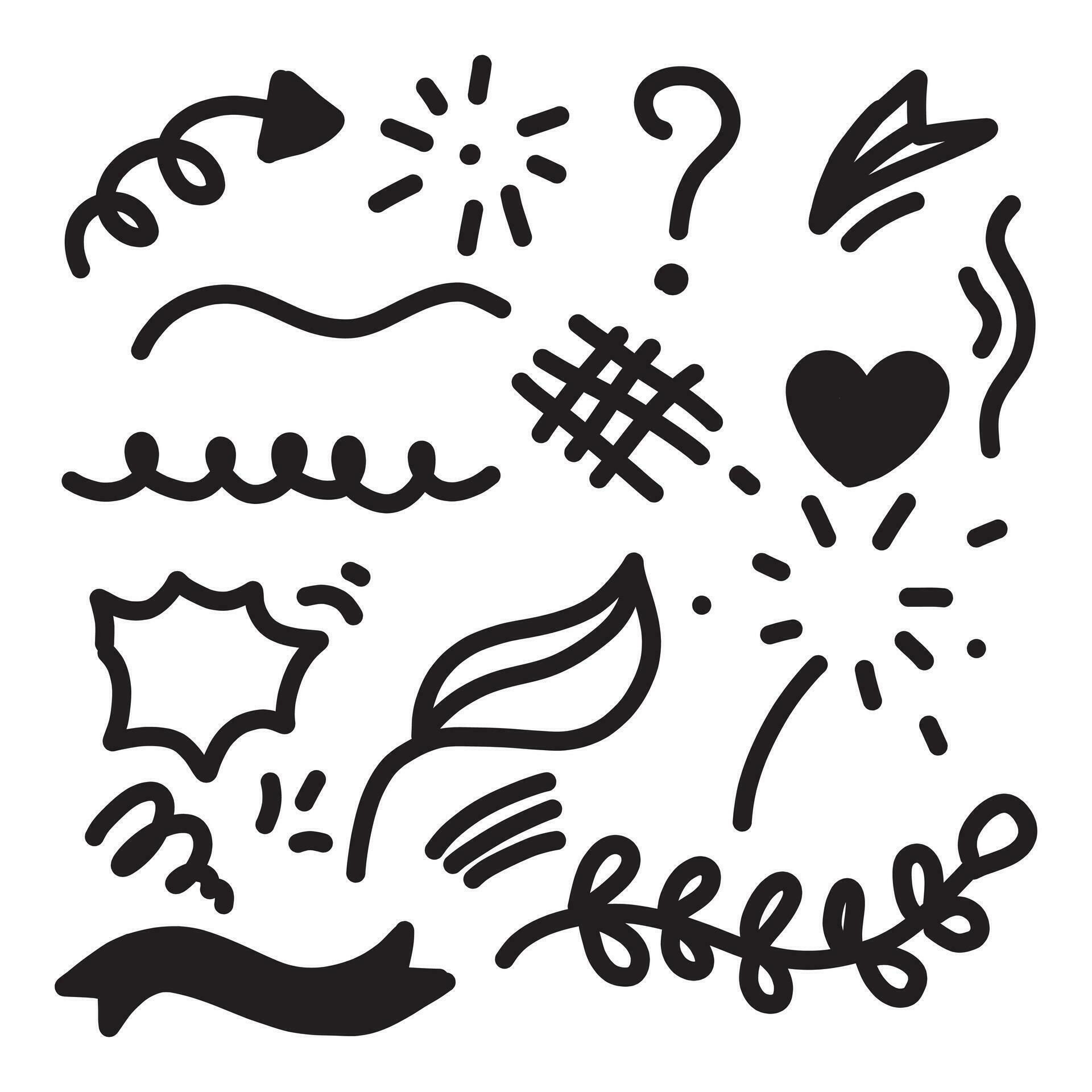 Hand drawn doodle design elements, black on white background. Swishes, swoops, emphasis, Arrow, crown, brush stroke Stock Free