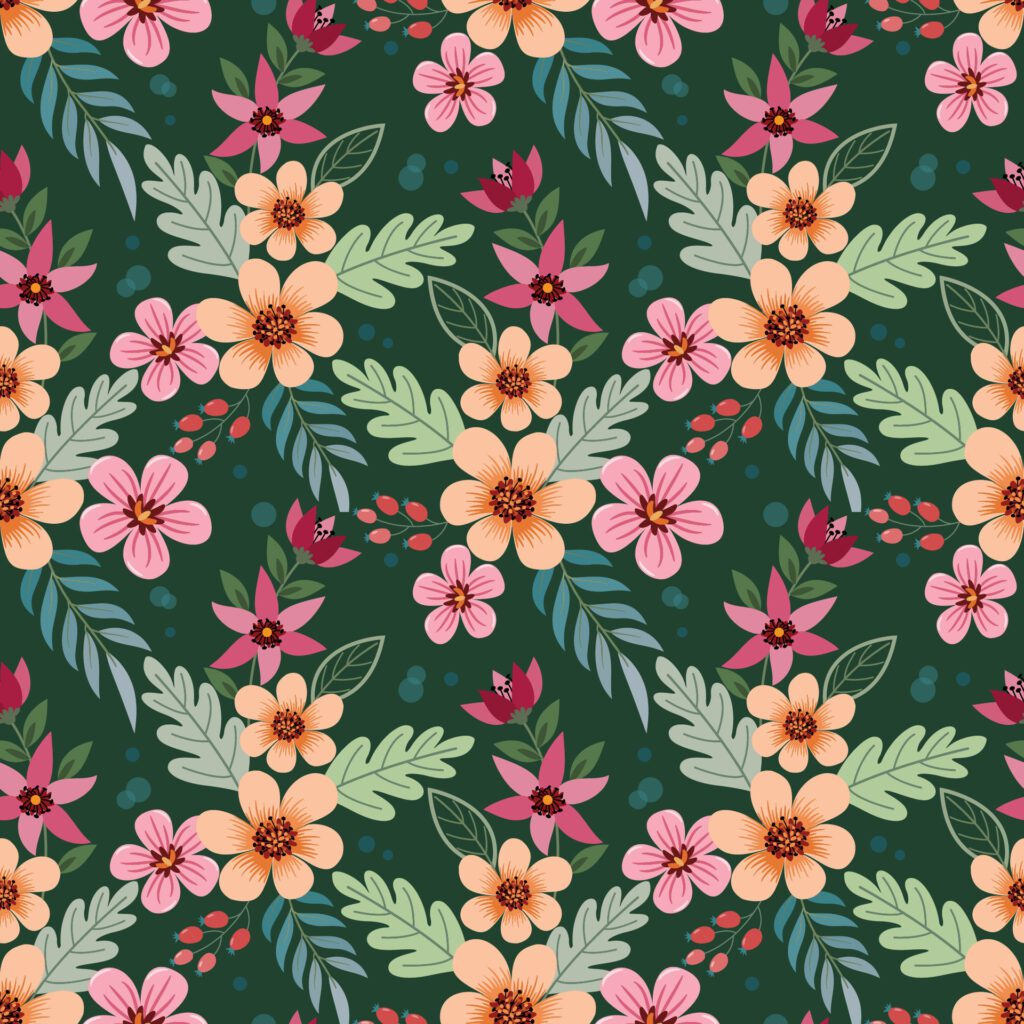 Beautiful blooming flowers design on green color background seamless pattern. Free Vector