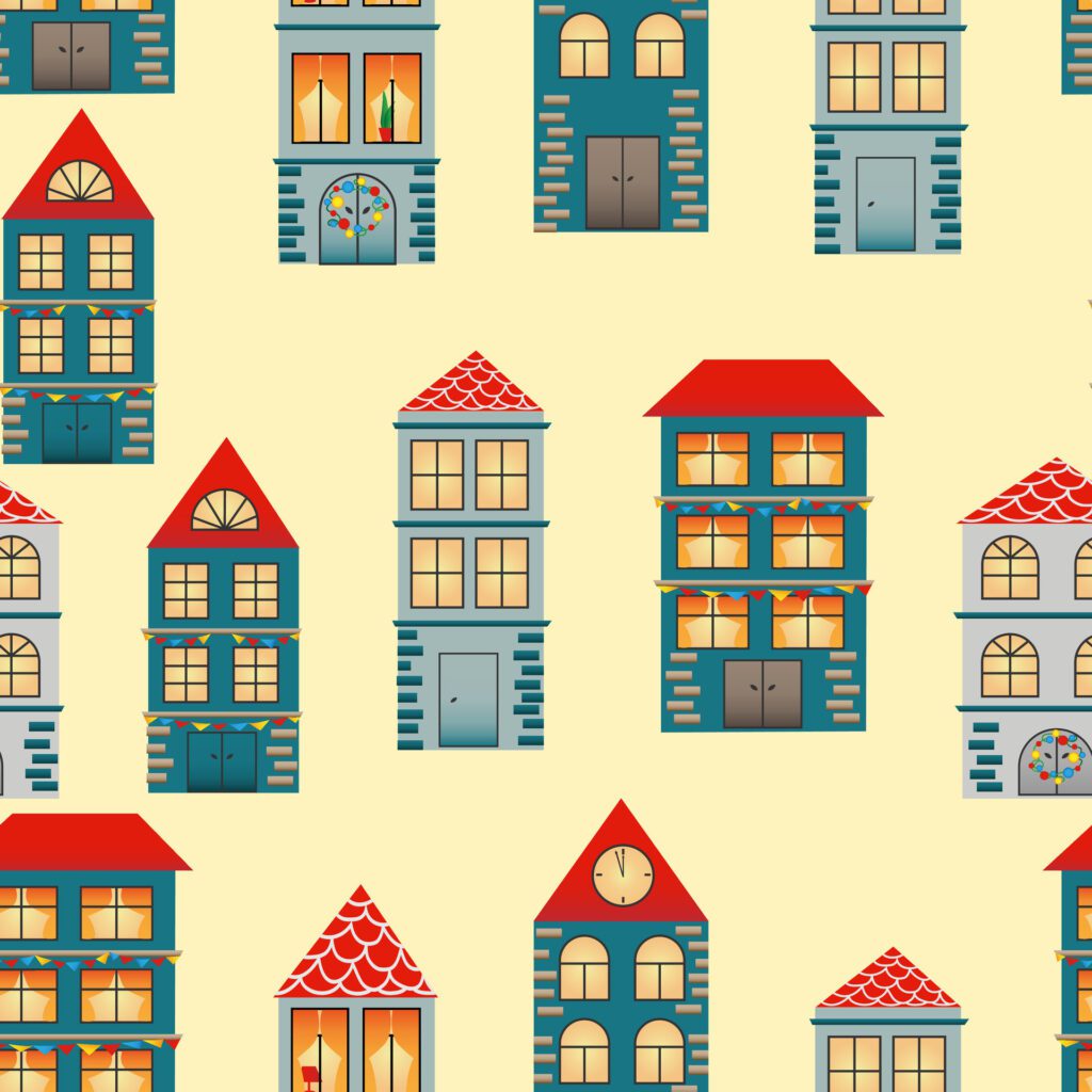 Seamless pattern with hand drawn city. Many cute different houses with red roof on yellow background. Free Vector