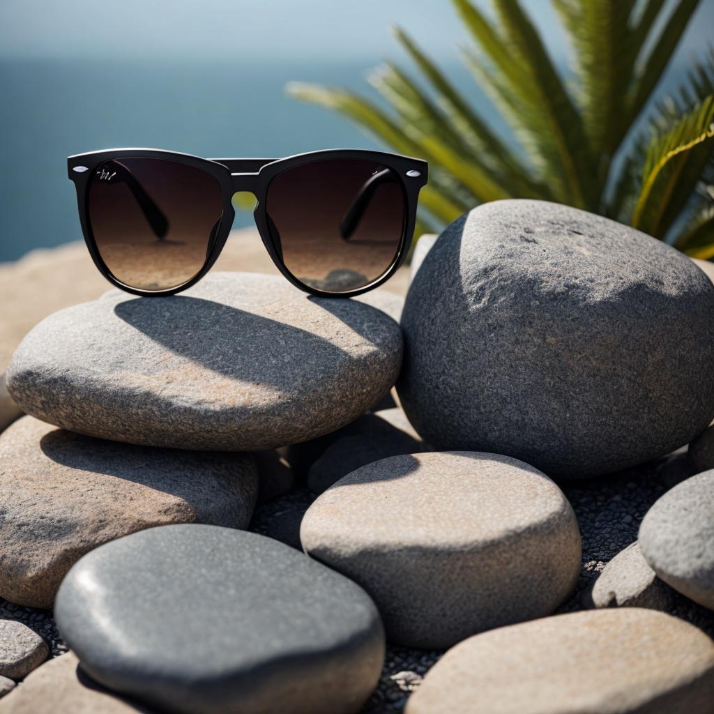 Camera, sunglasses on stones by @ai_generated