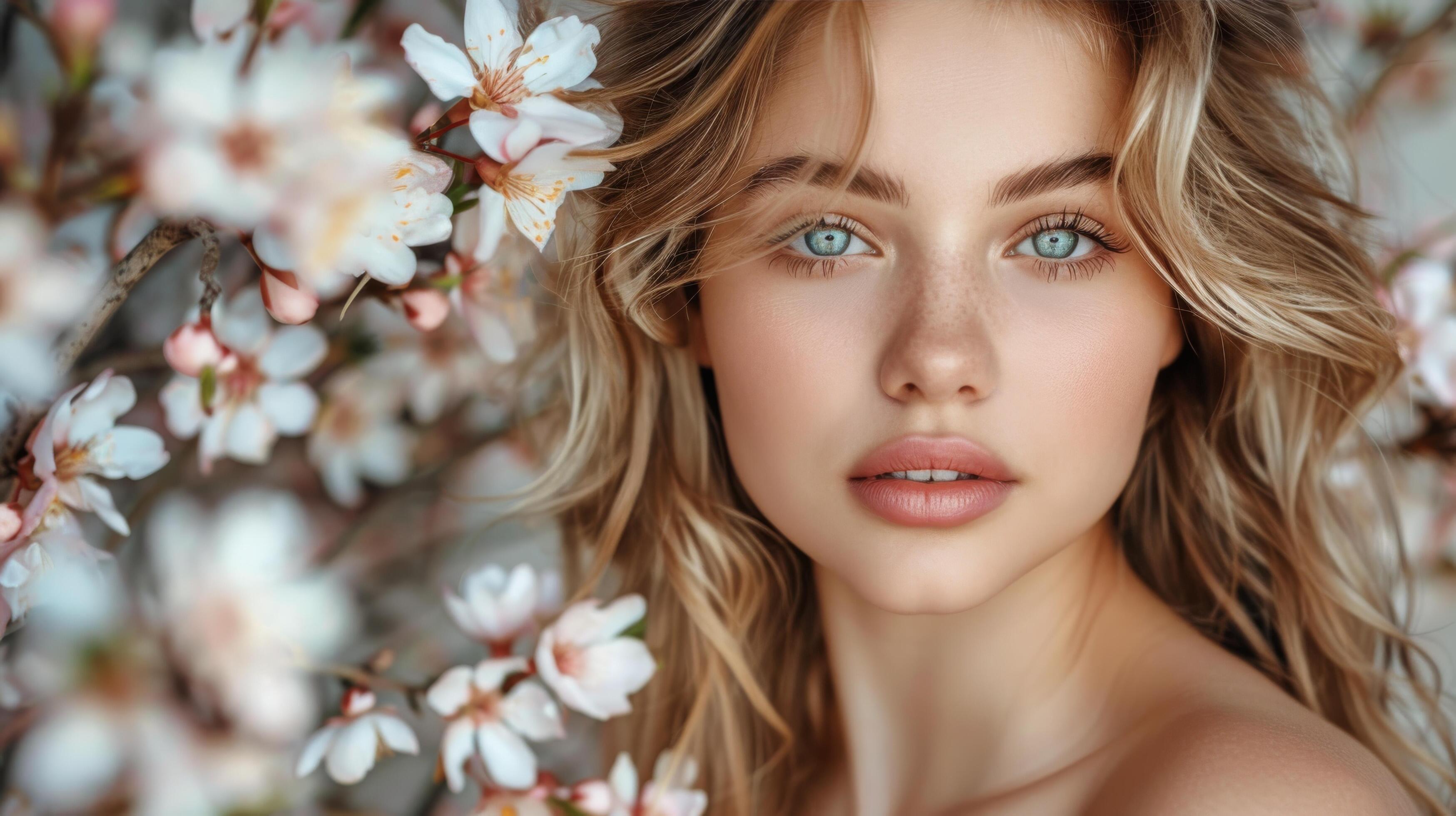 Young Woman Standing Under Blossoming Tree Stock Free