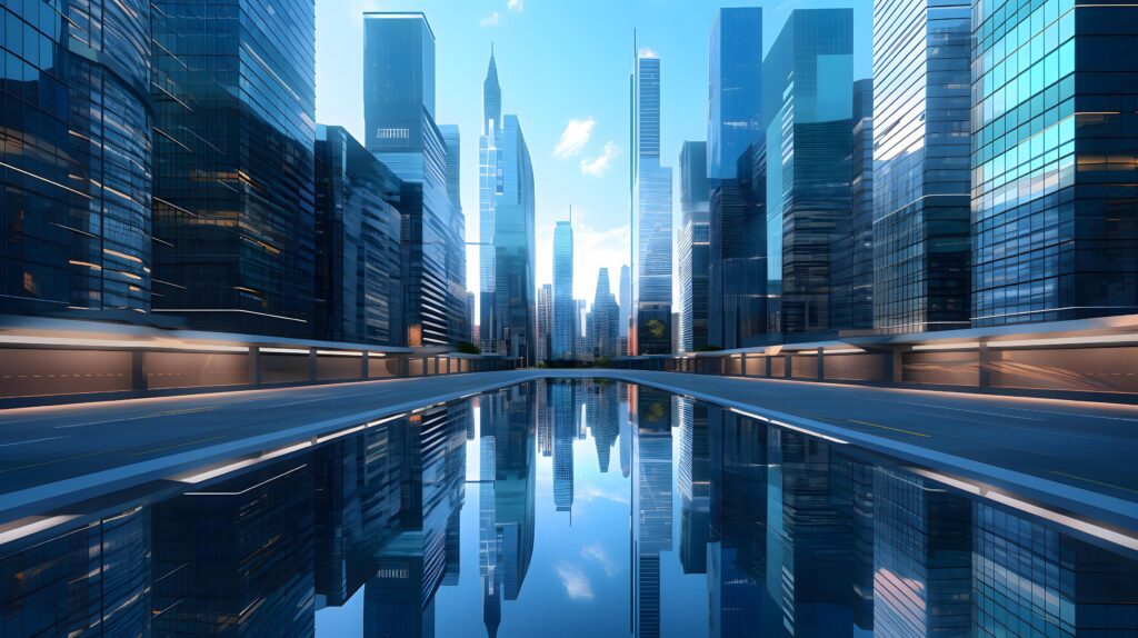 Reflective skyscrapers, business office buildings, business concept, Technology Stock Free