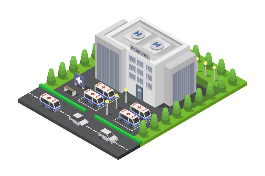 Hospital building isometric on white background Free Vector