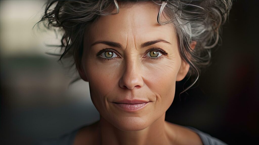 Beautiful middle-aged woman in her 50s looking at the camera Beautiful face, good health, cosmetics, skin care Free Photo