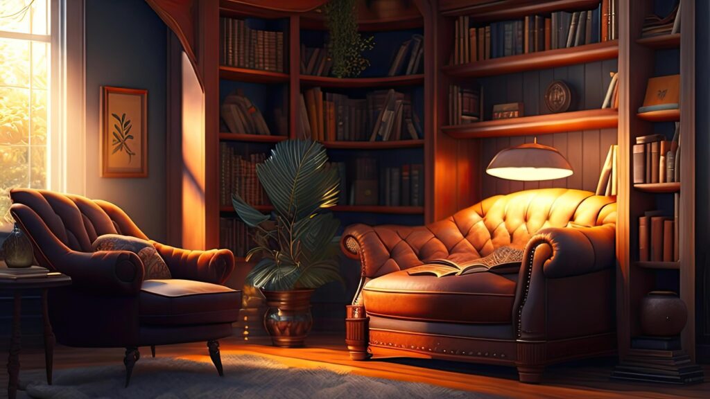 interior with sofa and bookshelf. Stock Free