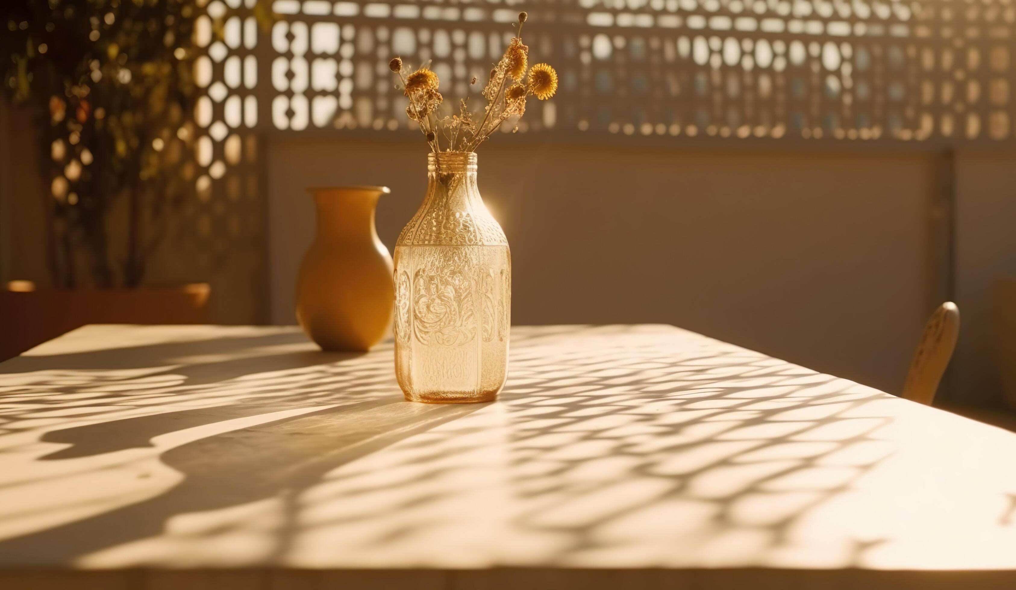 Modern still life interior lifestyle Mediterranean in summer scene, flower plant on table with light and shadow in dining room, Stock Free