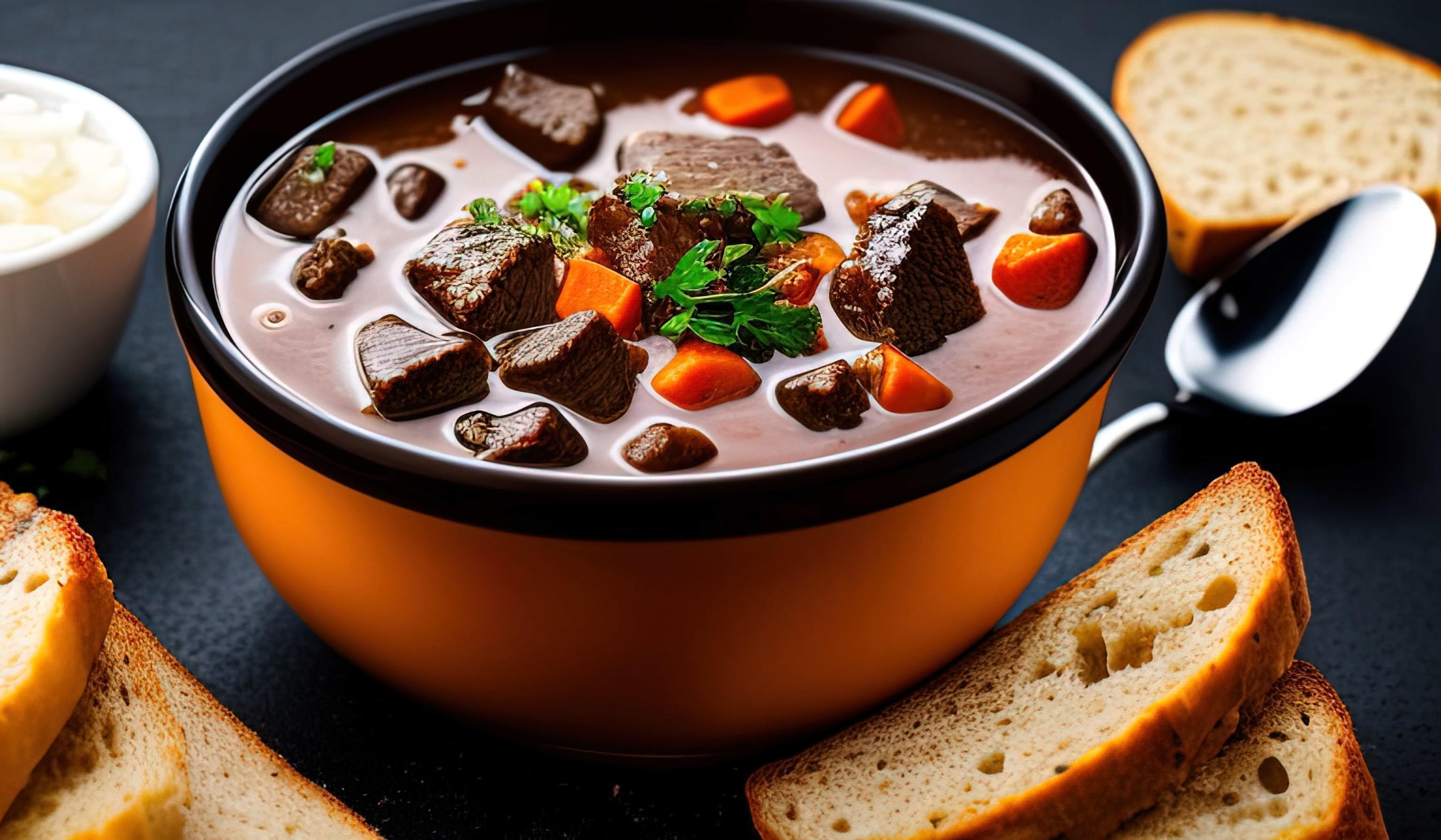 professional food photography close up of a a bowl of beef stew with bread on the side Stock Free