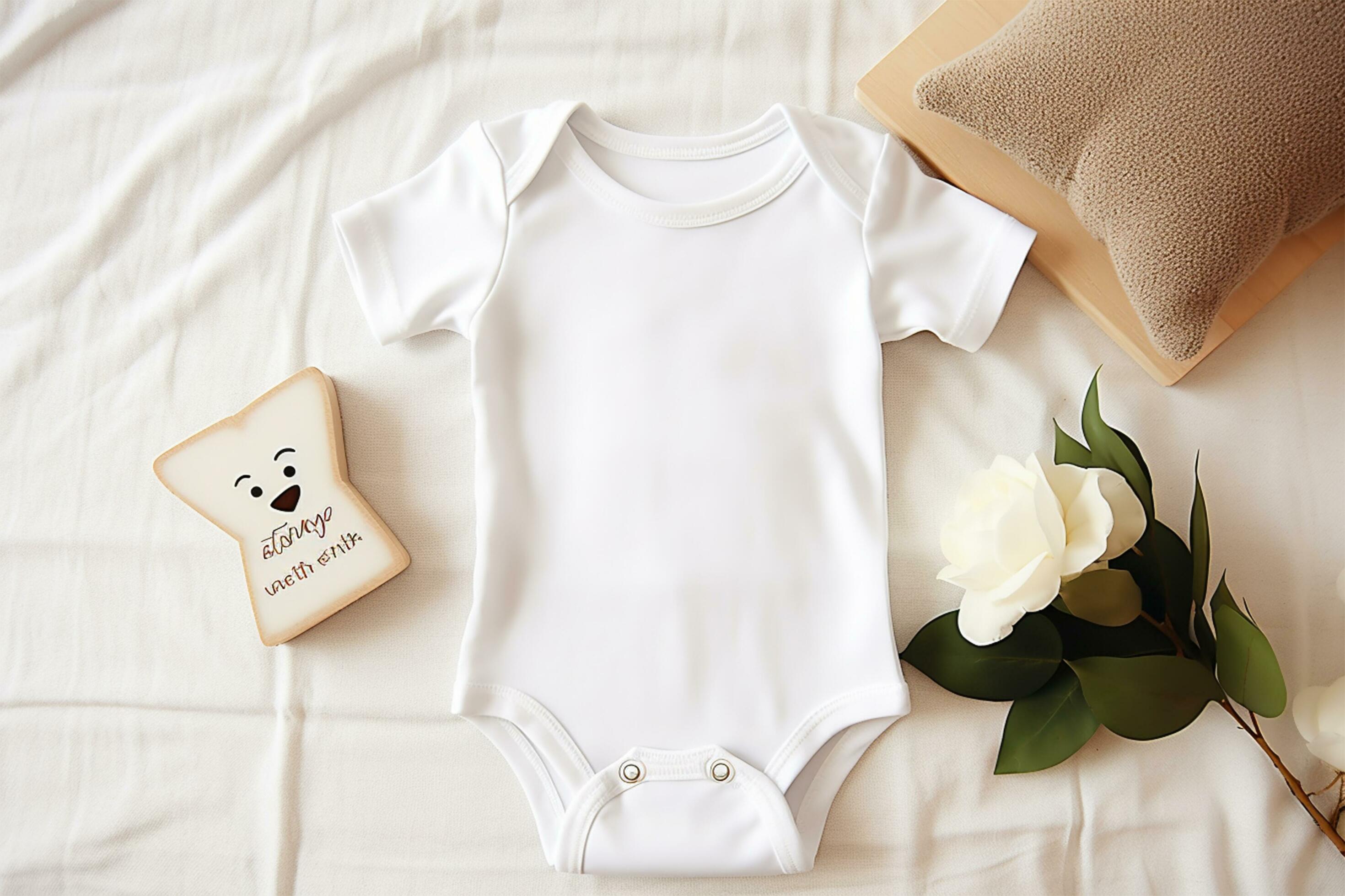 White baby bodysuit and flowers on white wooden background, top view AI Generated Stock Free