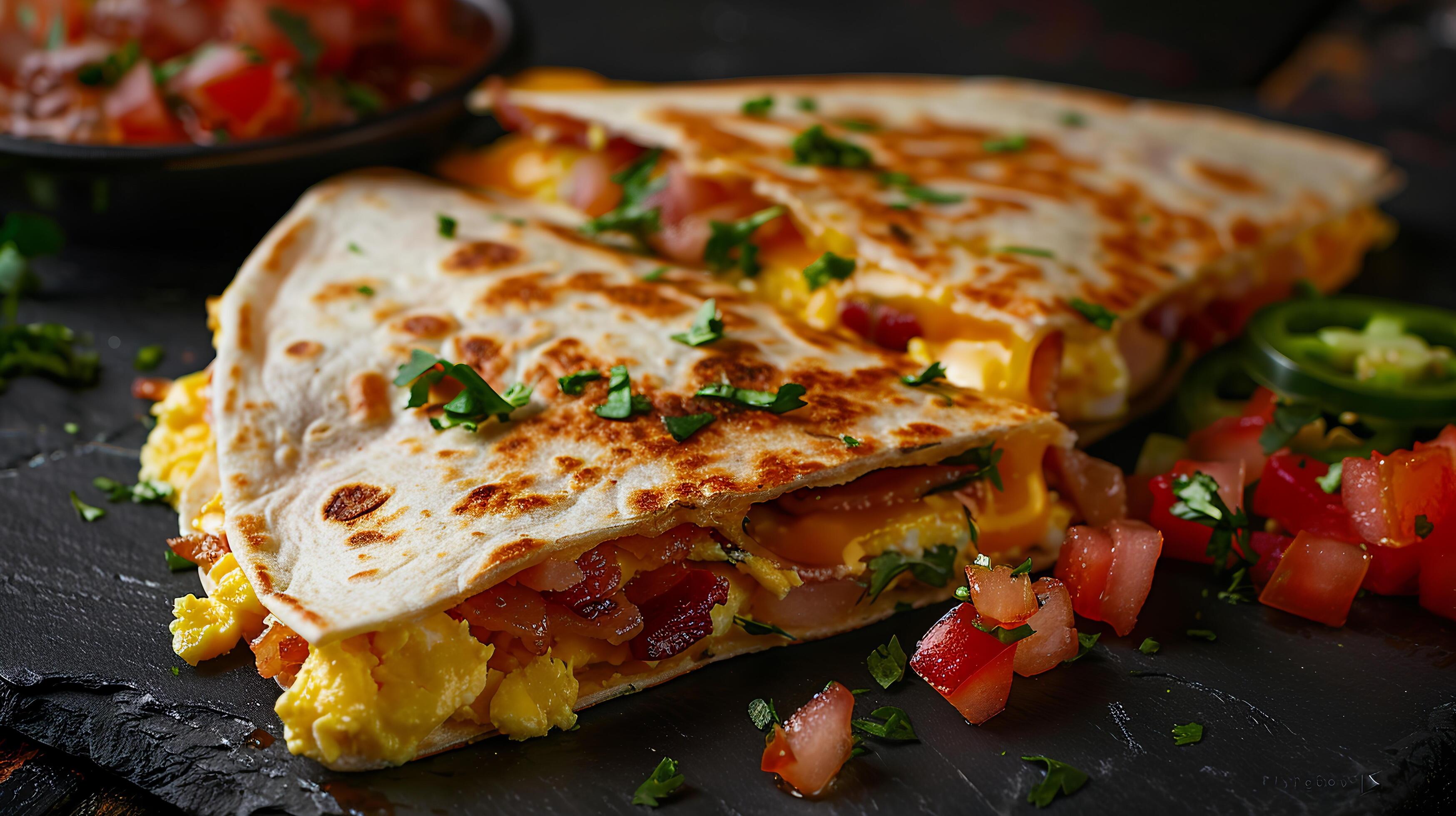 Breakfast quesadilla filled with scrambled eggs, bacon, cheese, and diced jalapenos, served with salsa. Stock Free