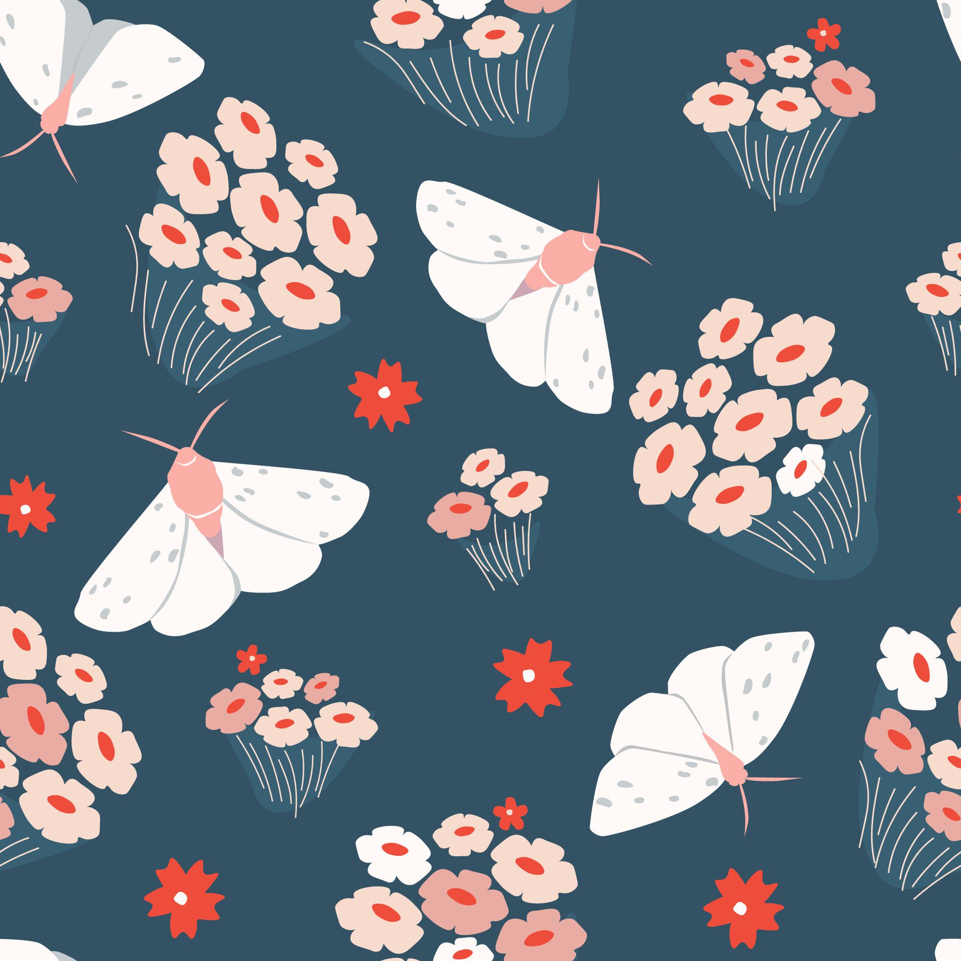 Seamless abstract pattern with flowers, plants, butterflies. Summer abstract print with bouquets. Vector graphics. Free Vector