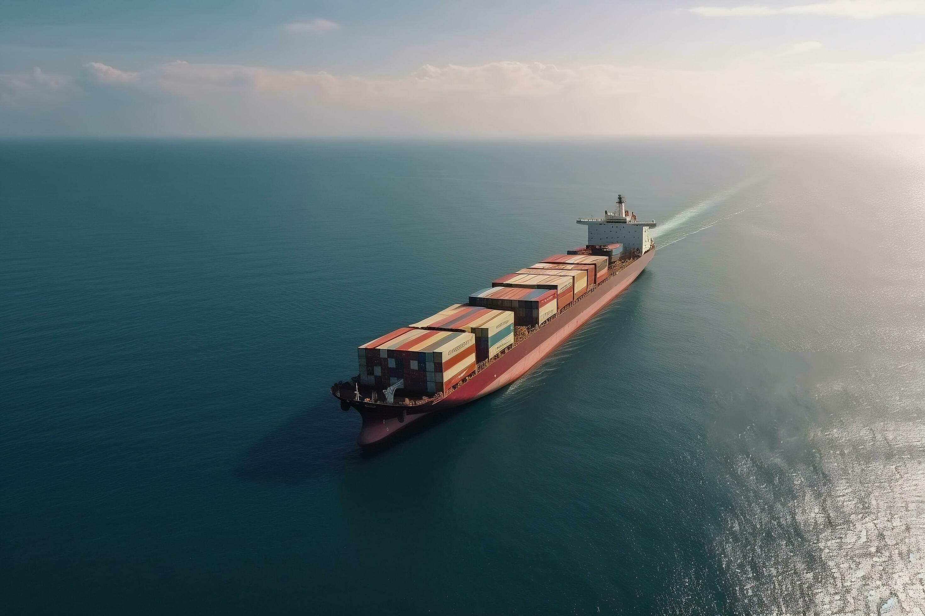 Big transport ship loaded with containers with goods on the open sea generative ai Stock Free