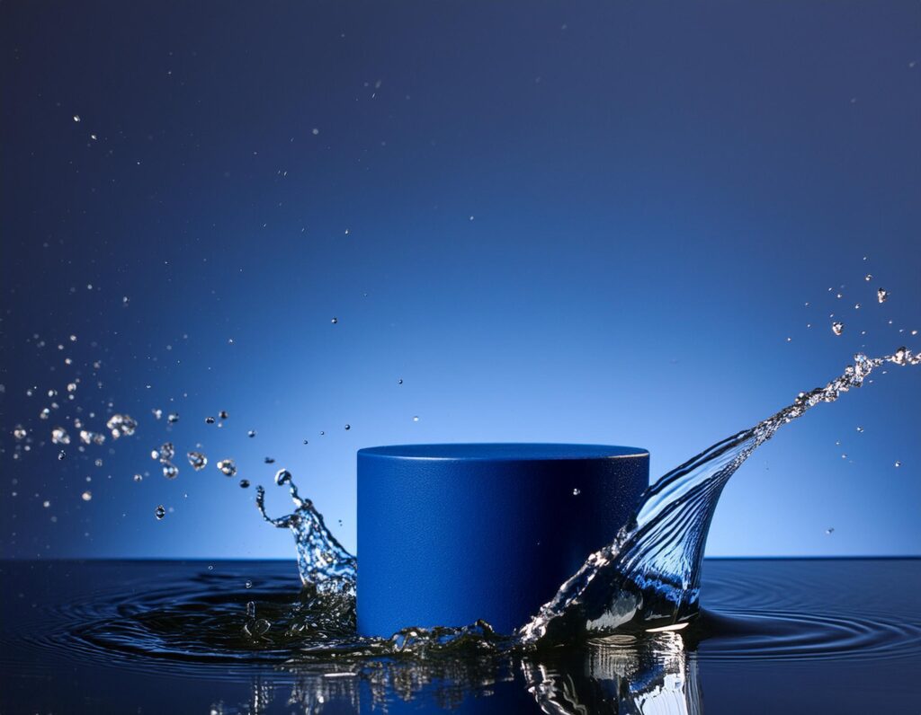 empty blue podium mockup with water splash on a gradient background for product display Stock Free