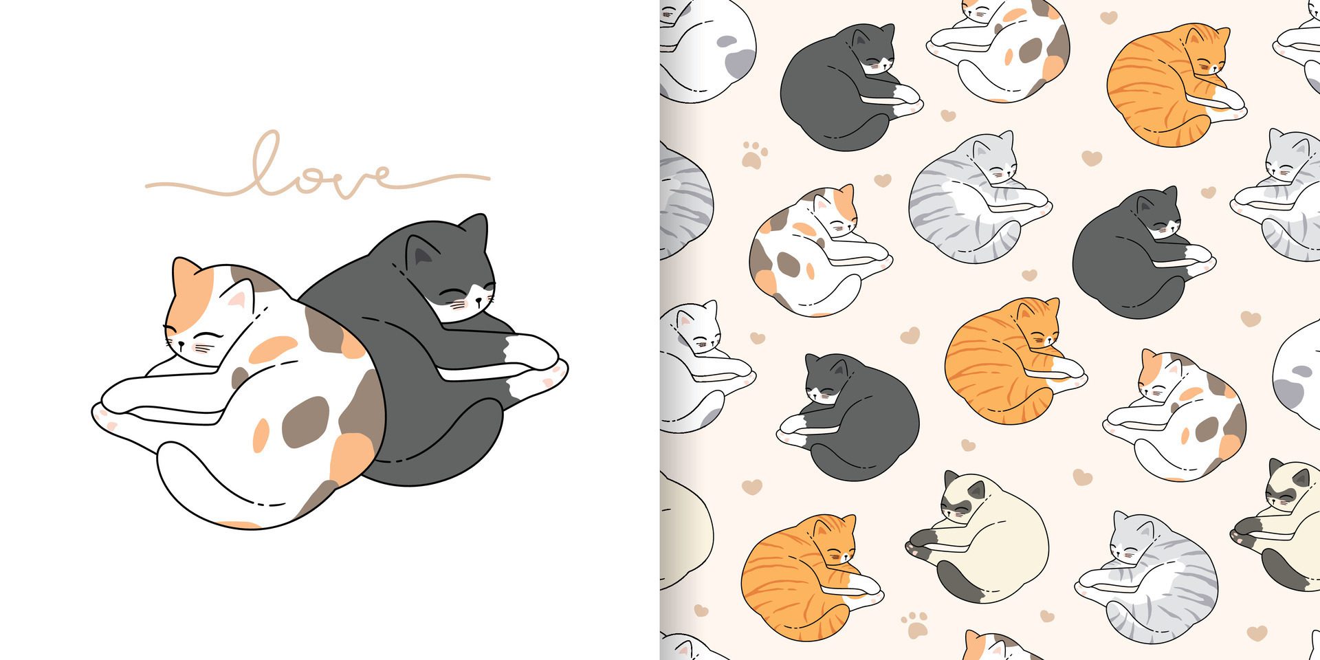 Cute cartoon valentines day sleeping cats seamless pattern Free Vector