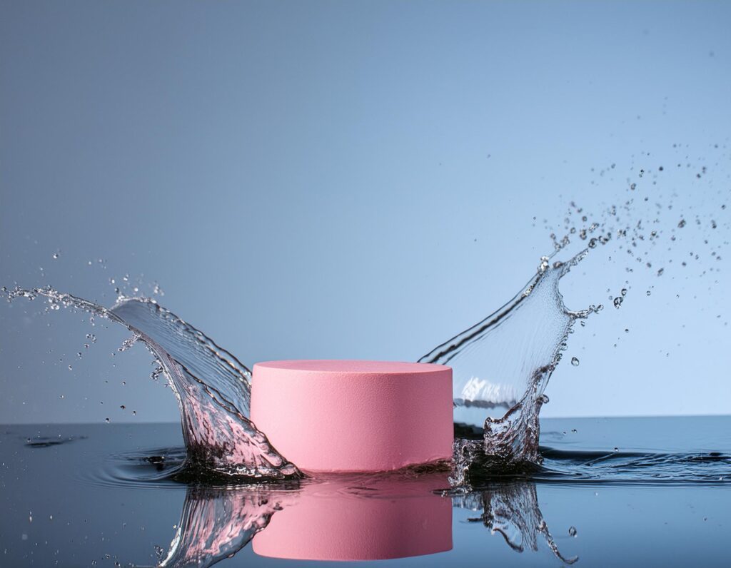 empty pink podium mockup with water splash on a blue gradient background for product display Stock Free