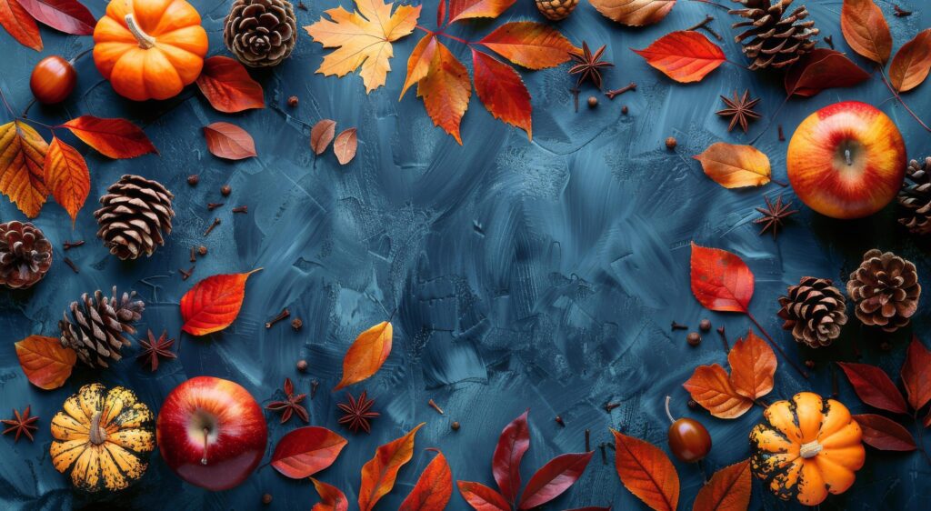 Autumnal Harvest Still Life With Pumpkins, Apples, and Pine Cones On Blue Background Stock Free