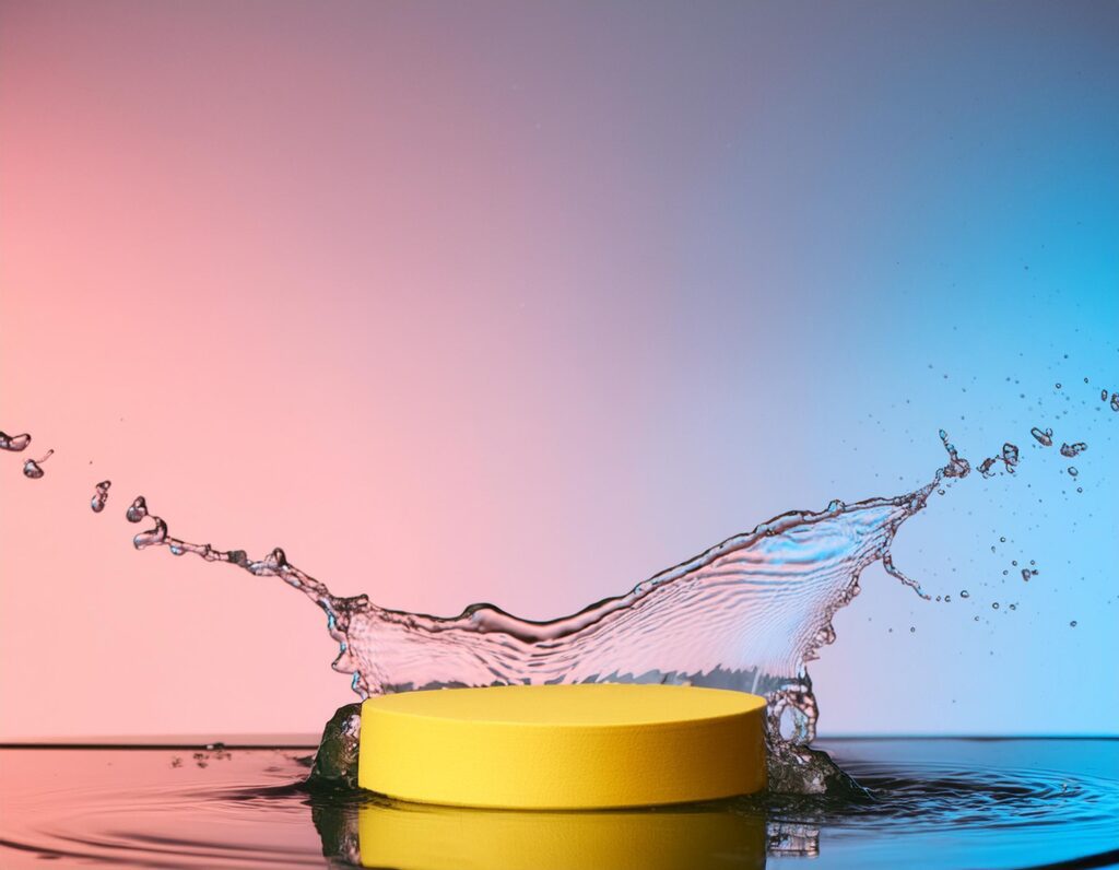 empty yellow podium mockup with water splash on a gradient background for product display Stock Free