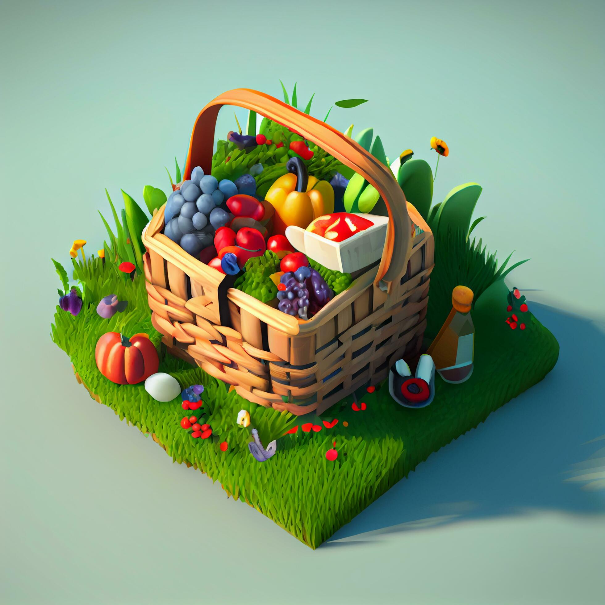 healthy and vegetarian food in basket with grass ,generative AI Stock Free