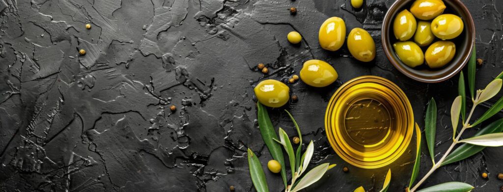 Green Olives and Olive Oil on a Black Background Stock Free