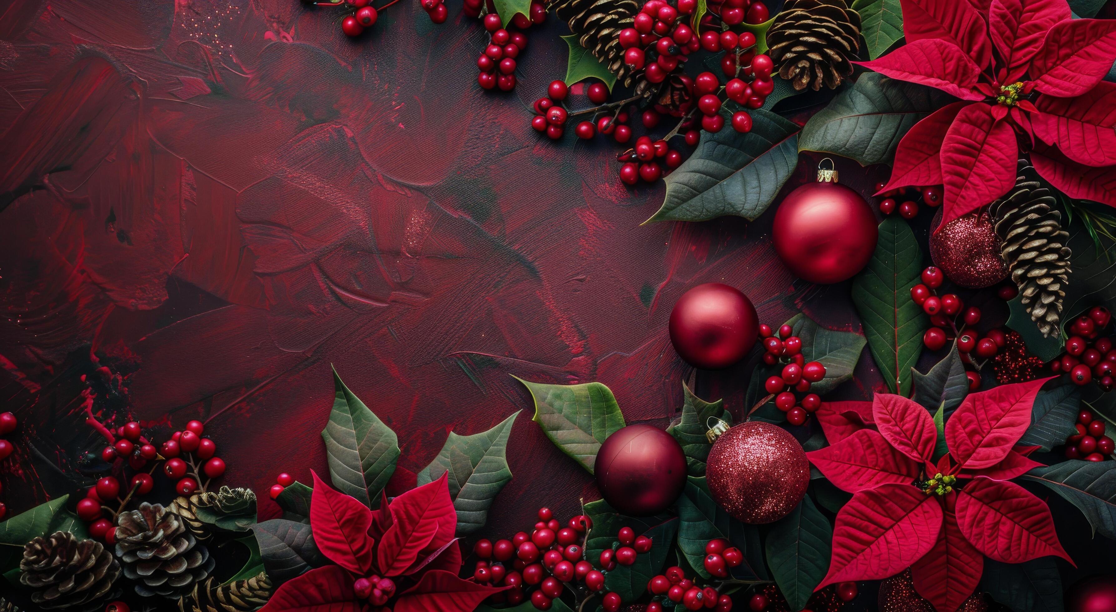 Christmas Decorations With Holly, Poinsettia, and Pine Cones on a Red Background Stock Free