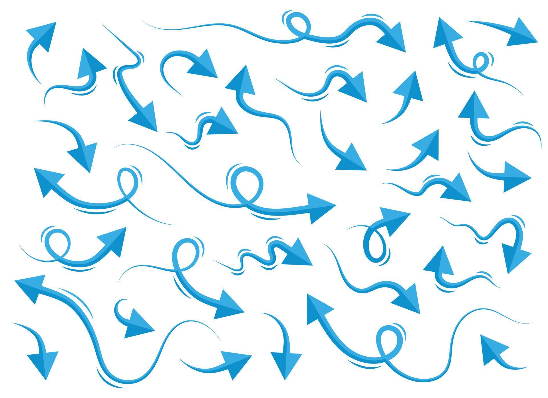 Hand drawn blue curved arrow shape in doodle style. Arrow line set Stock Free