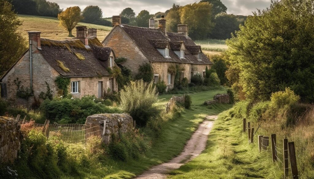 Rustic farmhouse in tranquil meadow, surrounded by nature beauty generated by AI Stock Free