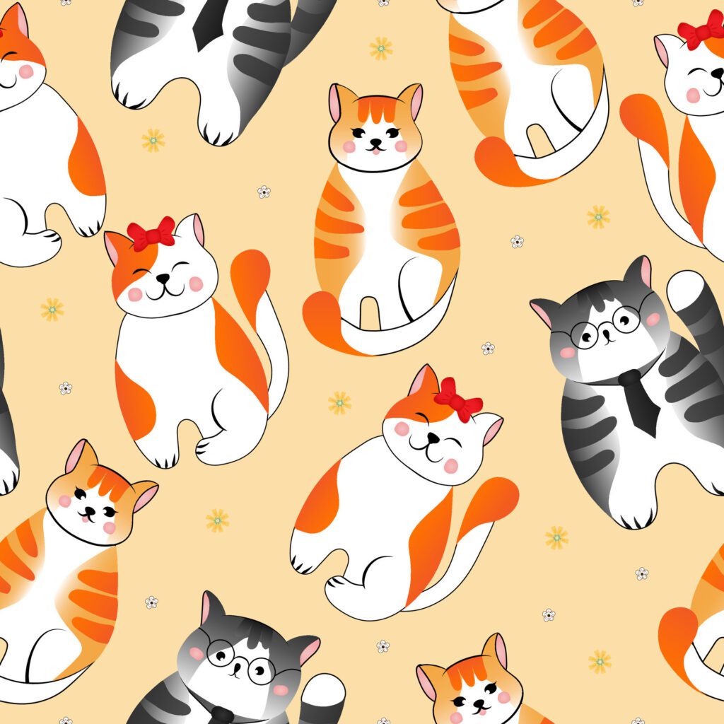 Seamless pattern with many different red, grey cats on yellow background. illustration for children. Free Vector