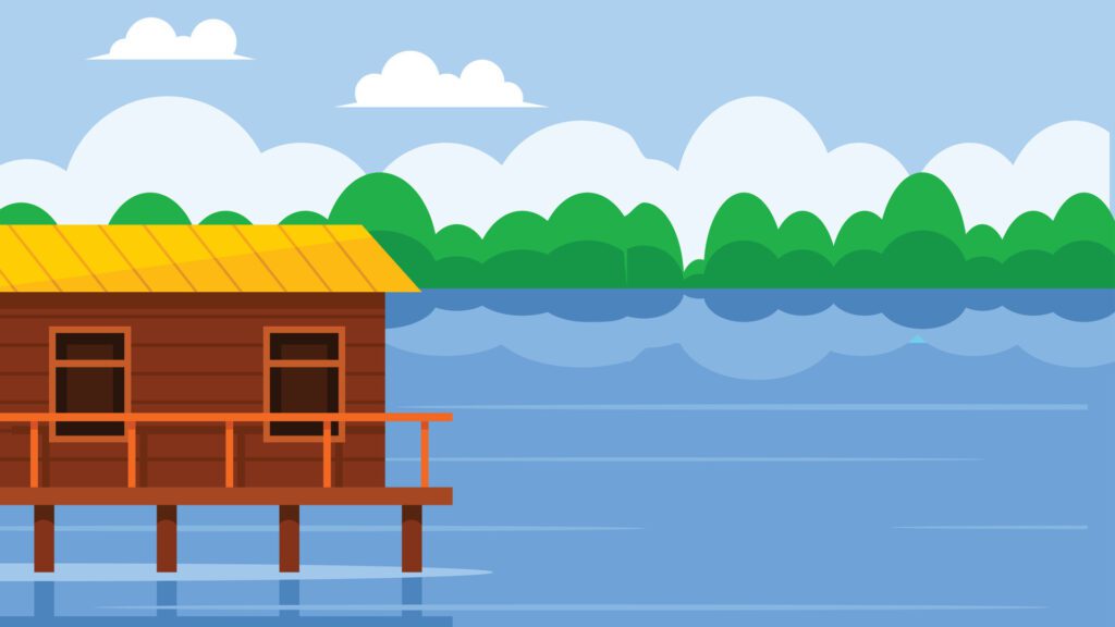 A house on a lake with tree line on the background illustration Free Vector