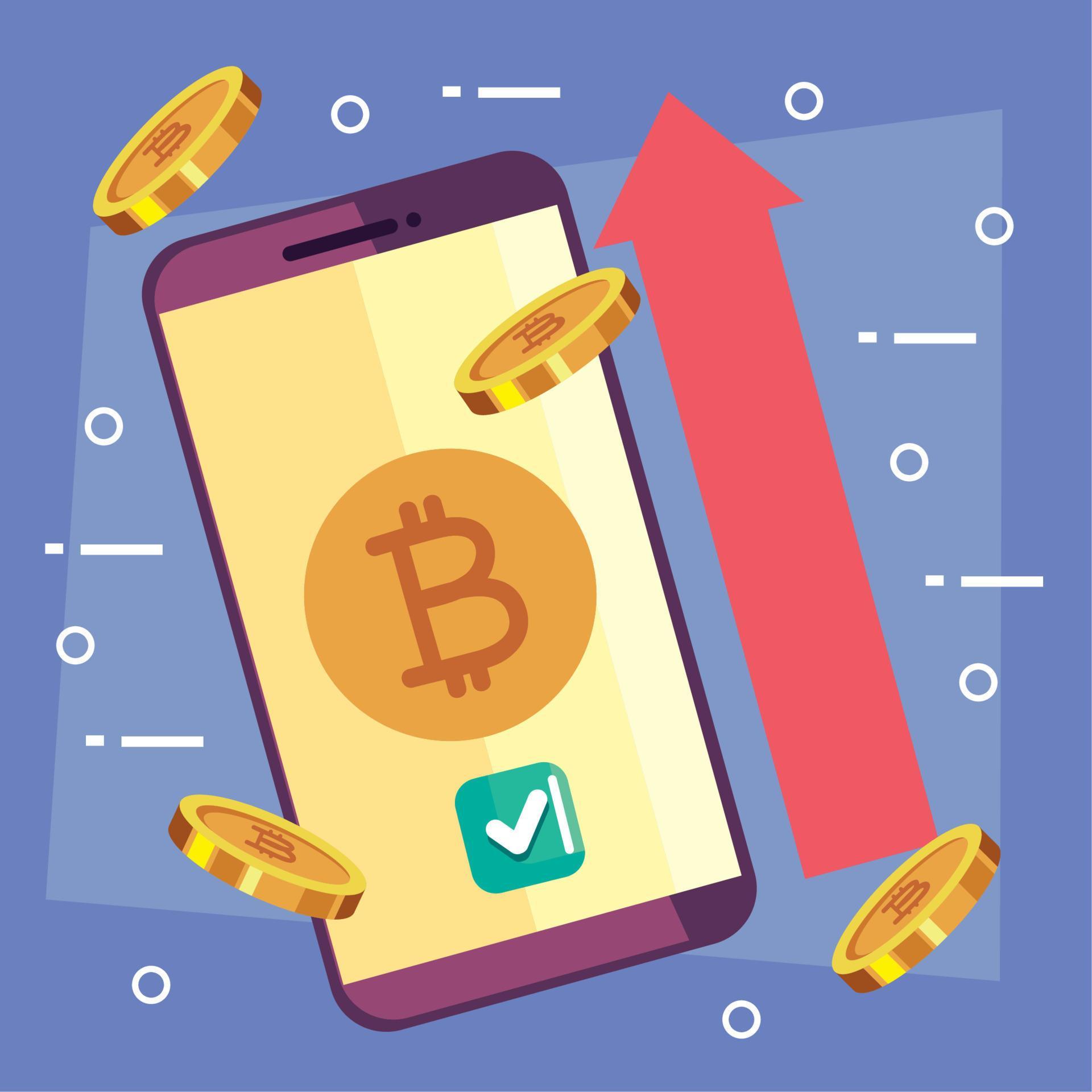 bitcoins in smartphone and arrow Stock Free