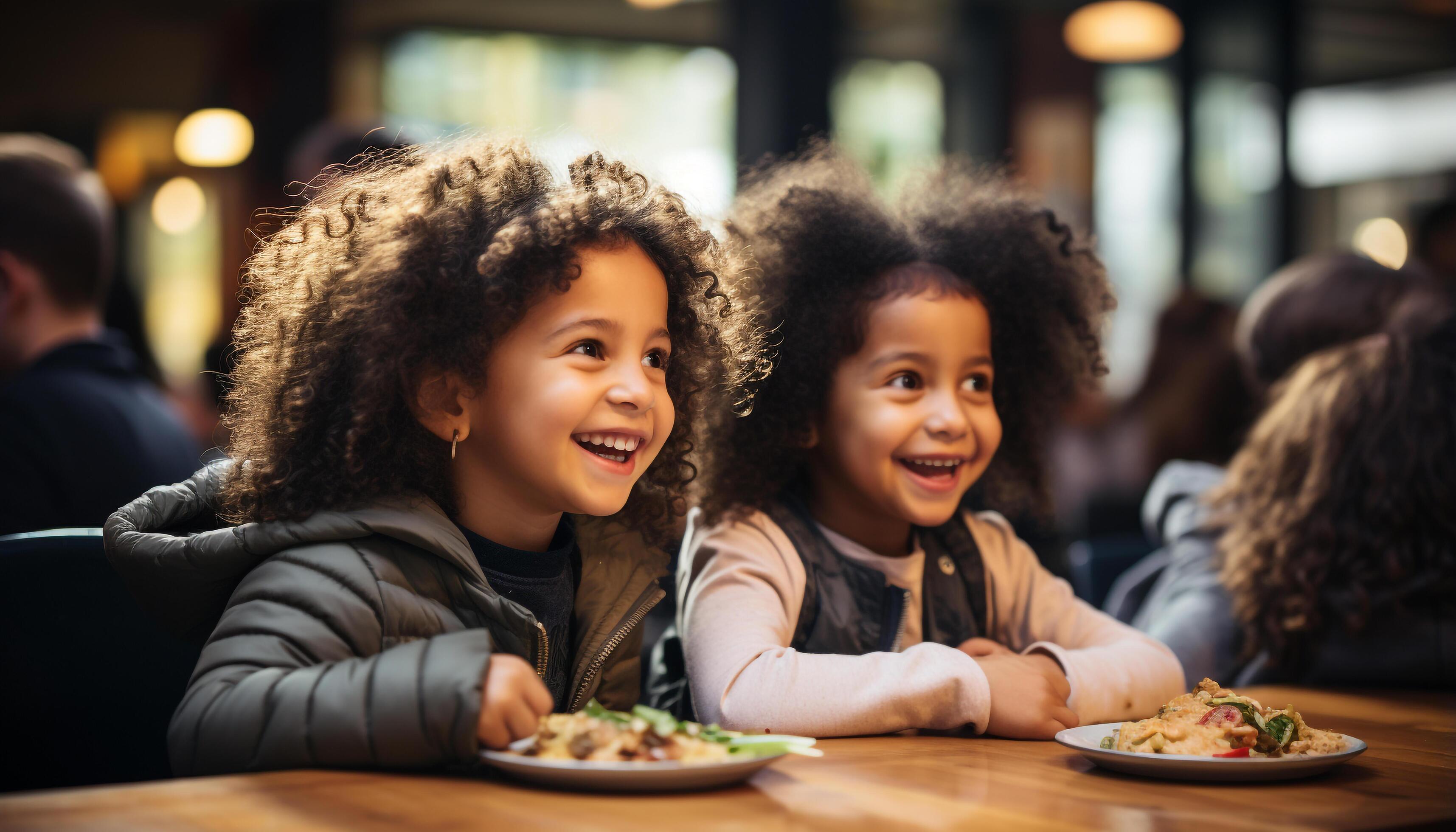 AI generated Smiling child enjoying meal, family bonding indoors, looking at camera generated by AI Stock Free