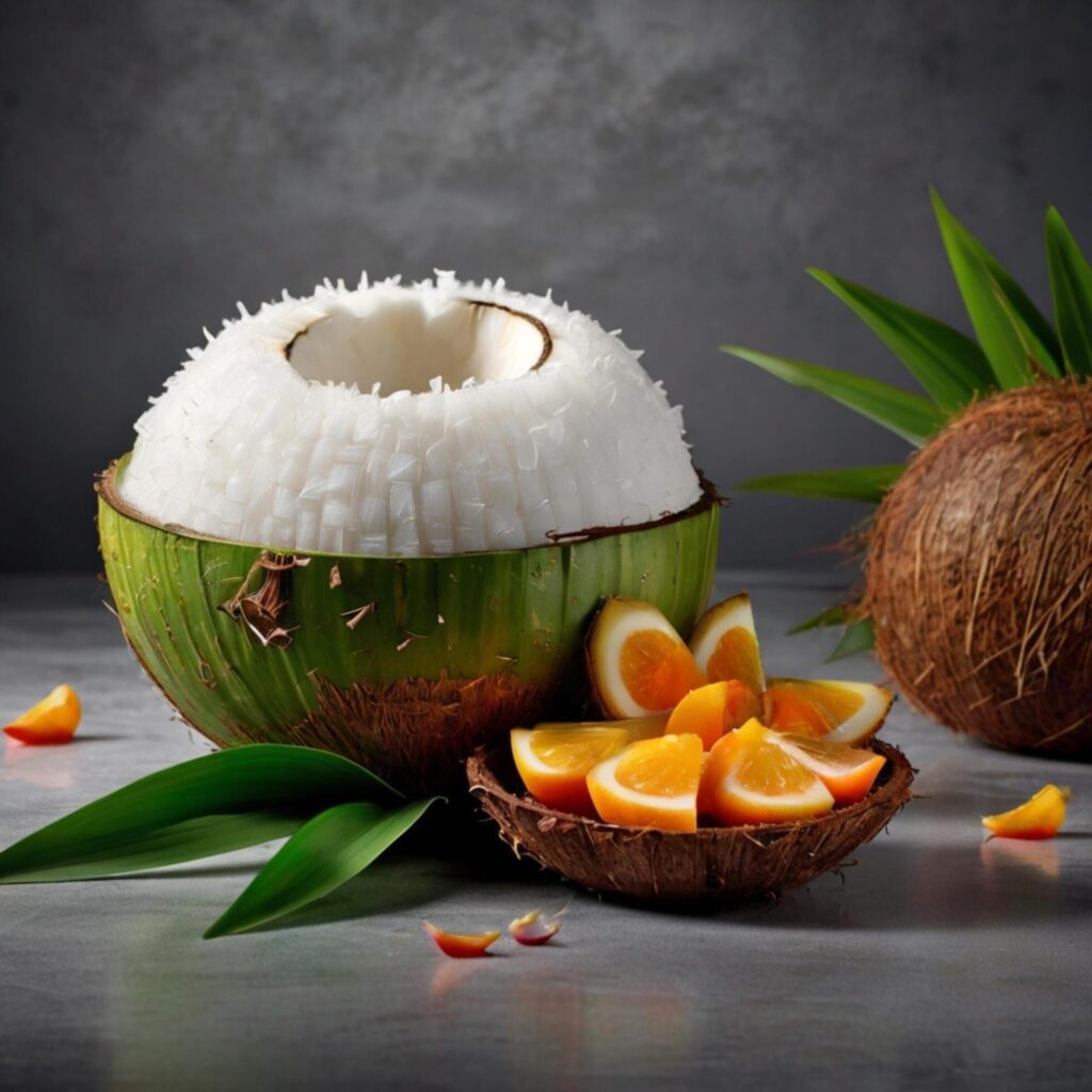 fresh coconut water in a glass decorated with coconut decorations created by AI generation Free Photo