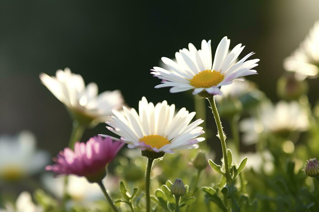 Sunny Close Up Of A Few Daisy Flowers On Flower Meadow , generate ai Stock Free