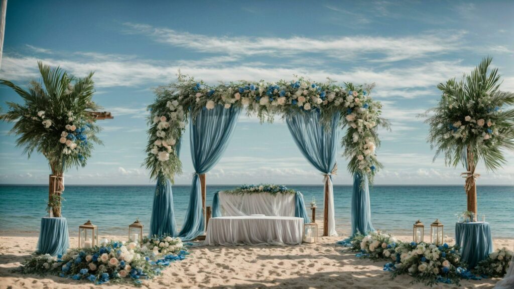 beach wedding background perfect blend of the blue sky ocean waves and romantic wedding decor Free Photo