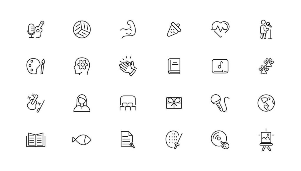 
									Hobby and recreation linear icons collection.Set of thin line web icon set, simple outline icons collection, Pixel Perfect icons, Stock Free