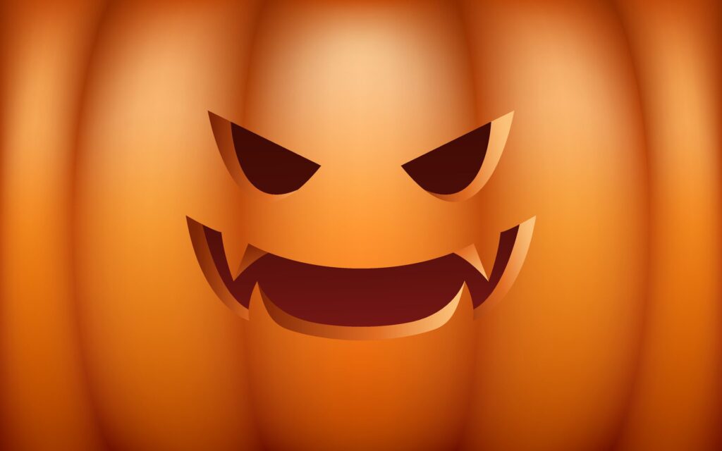 An eerie and festive Halloween illustration featuring a pumpkin with a sinister face against a orange background. Not . Free Vector