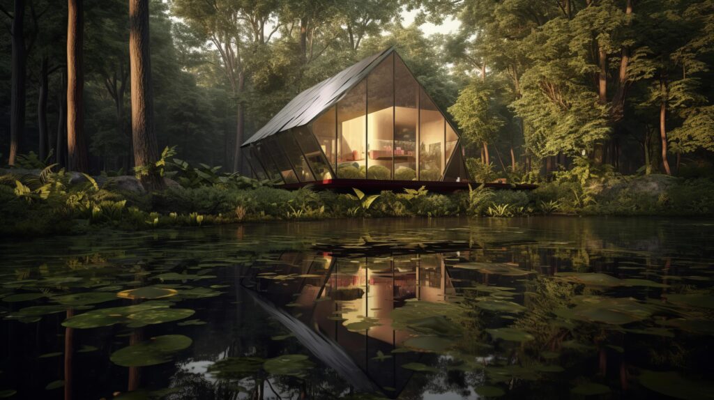 Form of a house-shaped pond located in a lush forest Illustration Stock Free