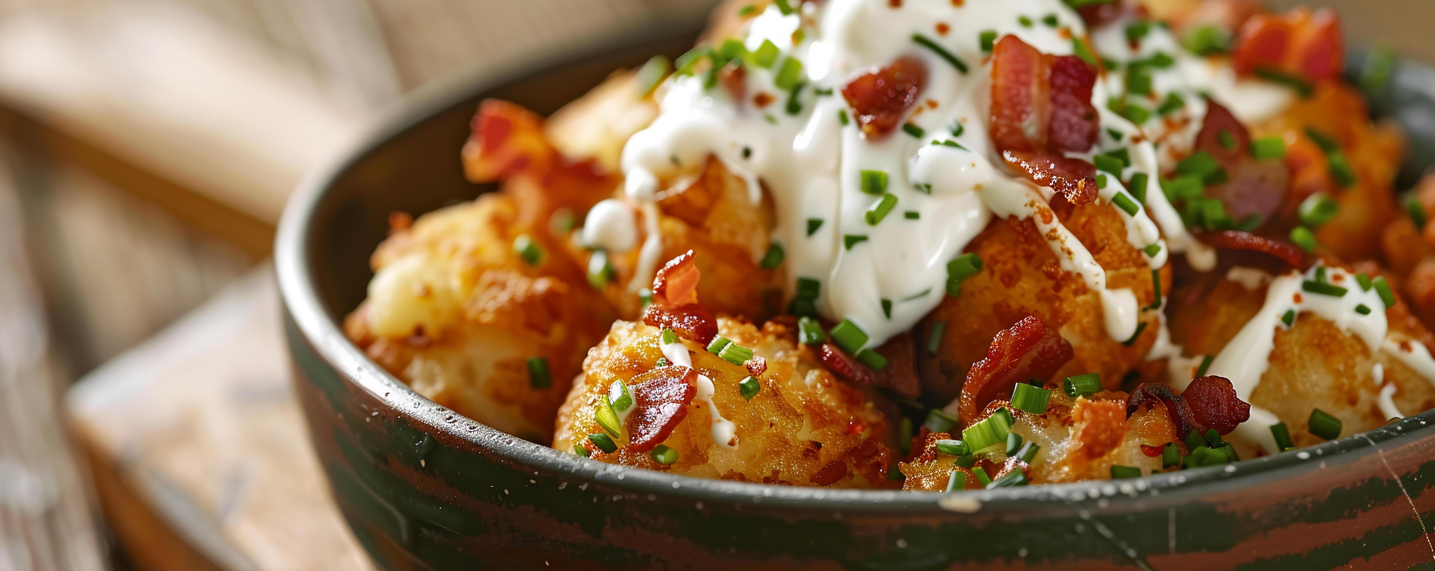 Cheesy loaded tater tots topped with bacon, sour cream, and chives. Stock Free