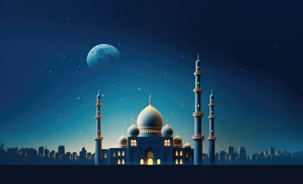 Mosques dome on dark blue twilight sky and crescent moon on background Illustration Stock Free