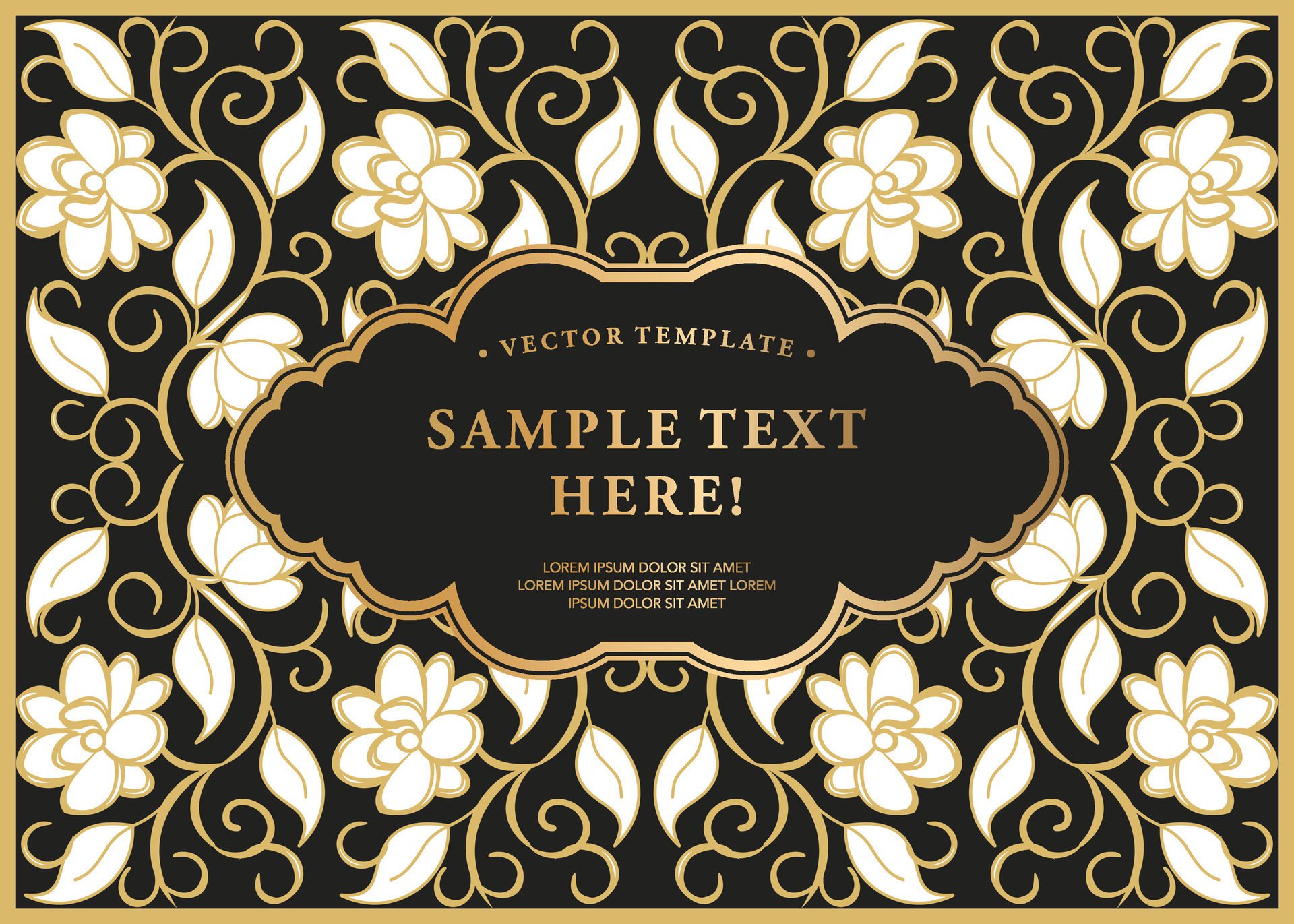 Elegant Black and Gold Background with Gold Border Frame Floral Seamless Pattern Free Vector