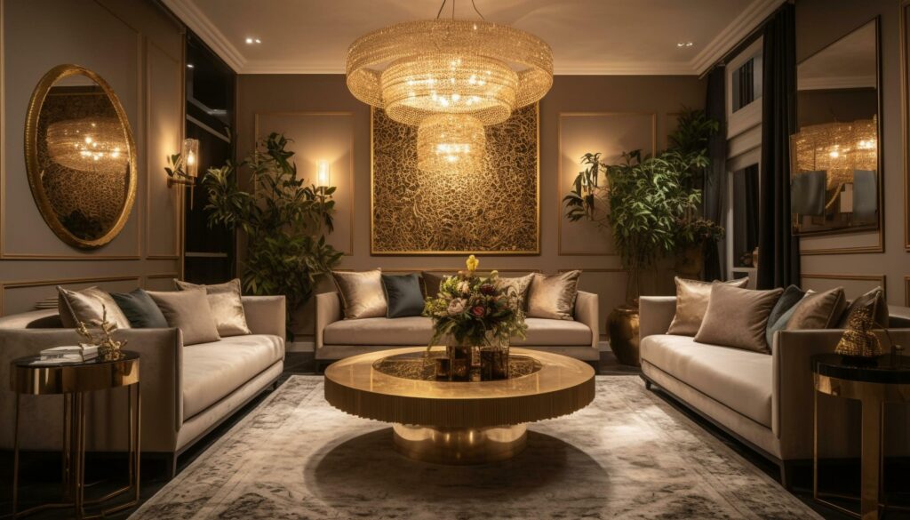 Luxury modern living room illuminated by chandelier generated by AI Stock Free