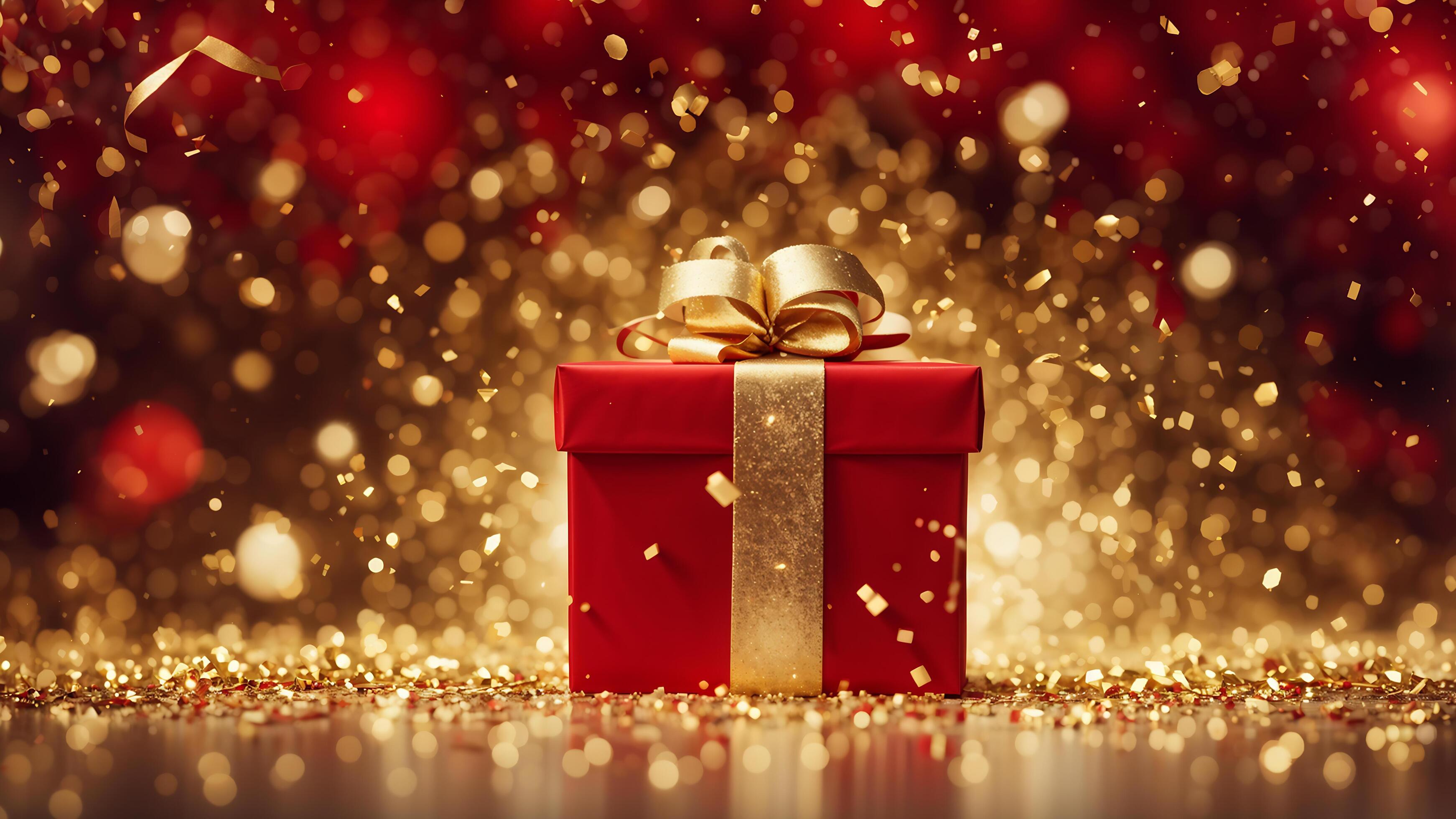 Close up of one red gift box with a shinny bow adorned gold sparkle and confetti on floor. golden and red bokeh light on background. Stock Free