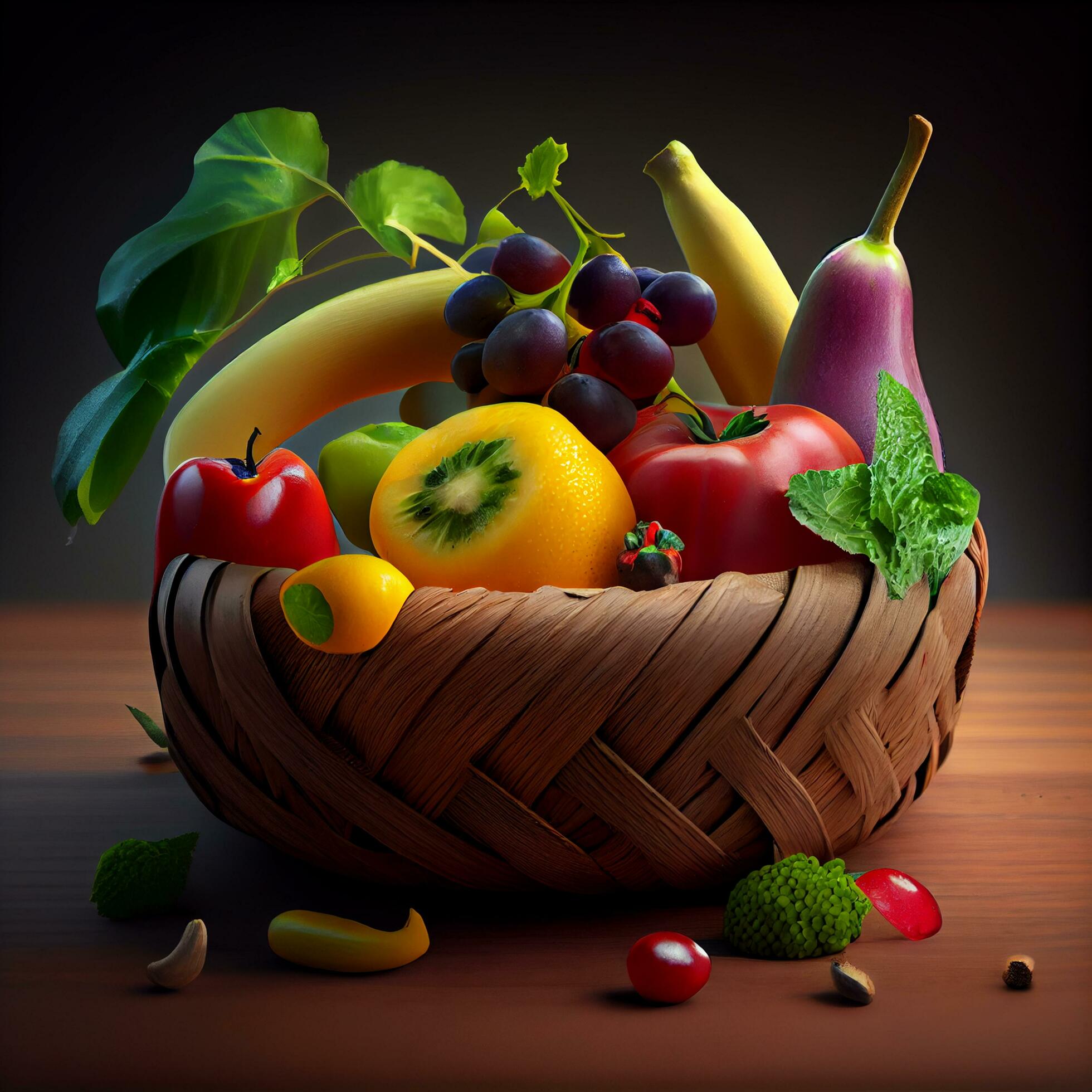 healthy and vegetarian food in straw basket ,generative AI Stock Free